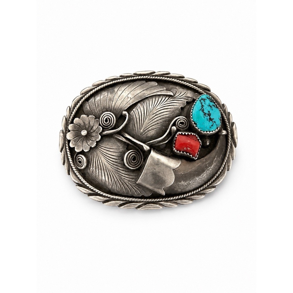 R. Bennett Native American Turquoise Coral Faux Bear Claw Belt Buckle RB